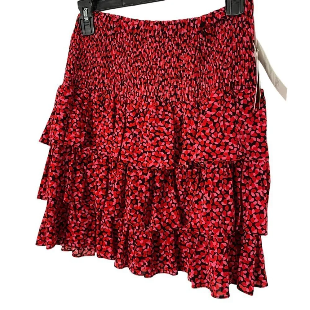 NWT Michael Kors Tiered Ruffle Mini Skirt Red Pink Black Sz XS Elastic Waist